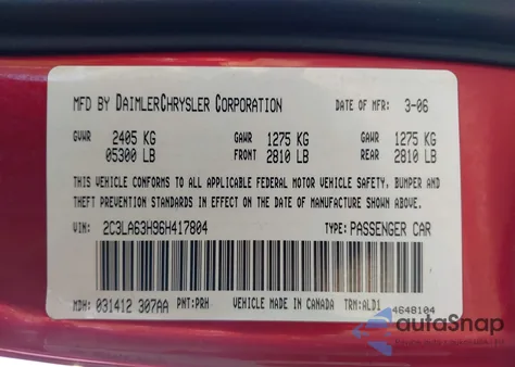 2006 Chrysler 300C z USA, uszkodzony, nr VIN 2C3LA63H96H417804